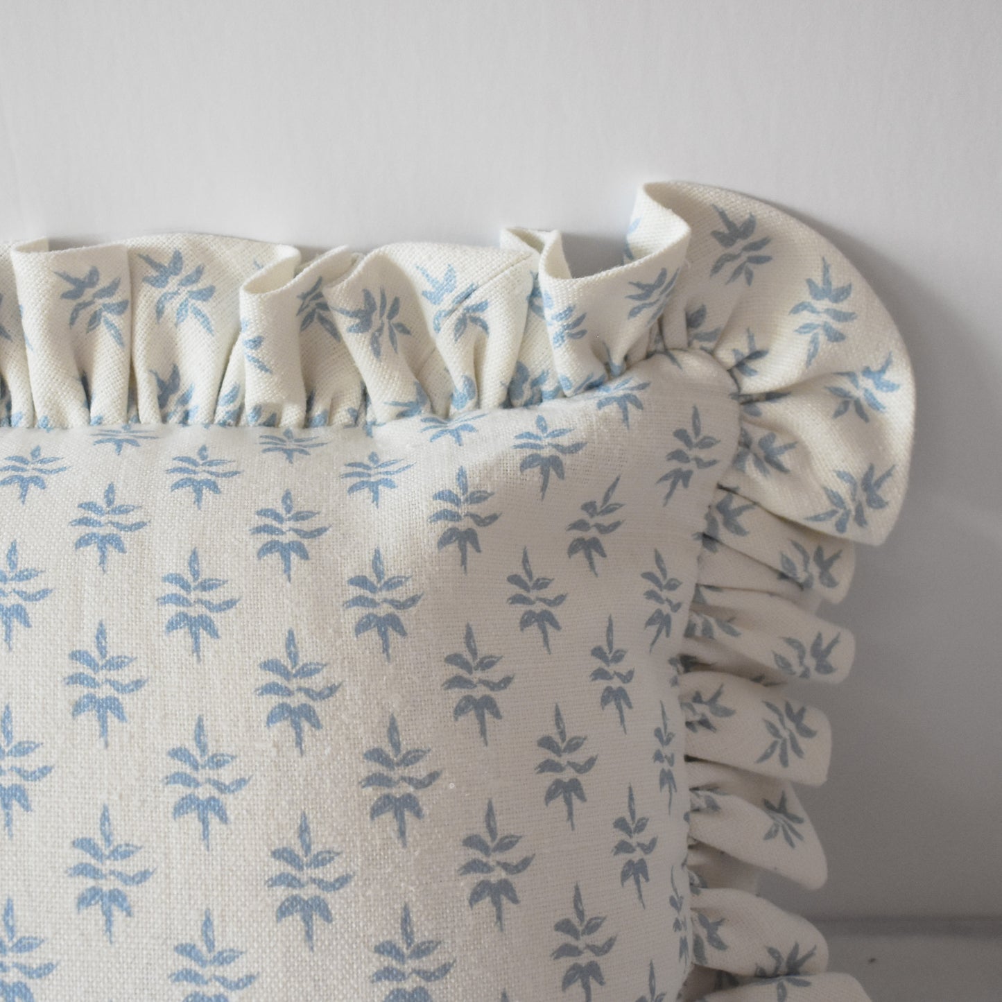 Laurel Leaf Pillow with Ruffle in Blue & Oyster