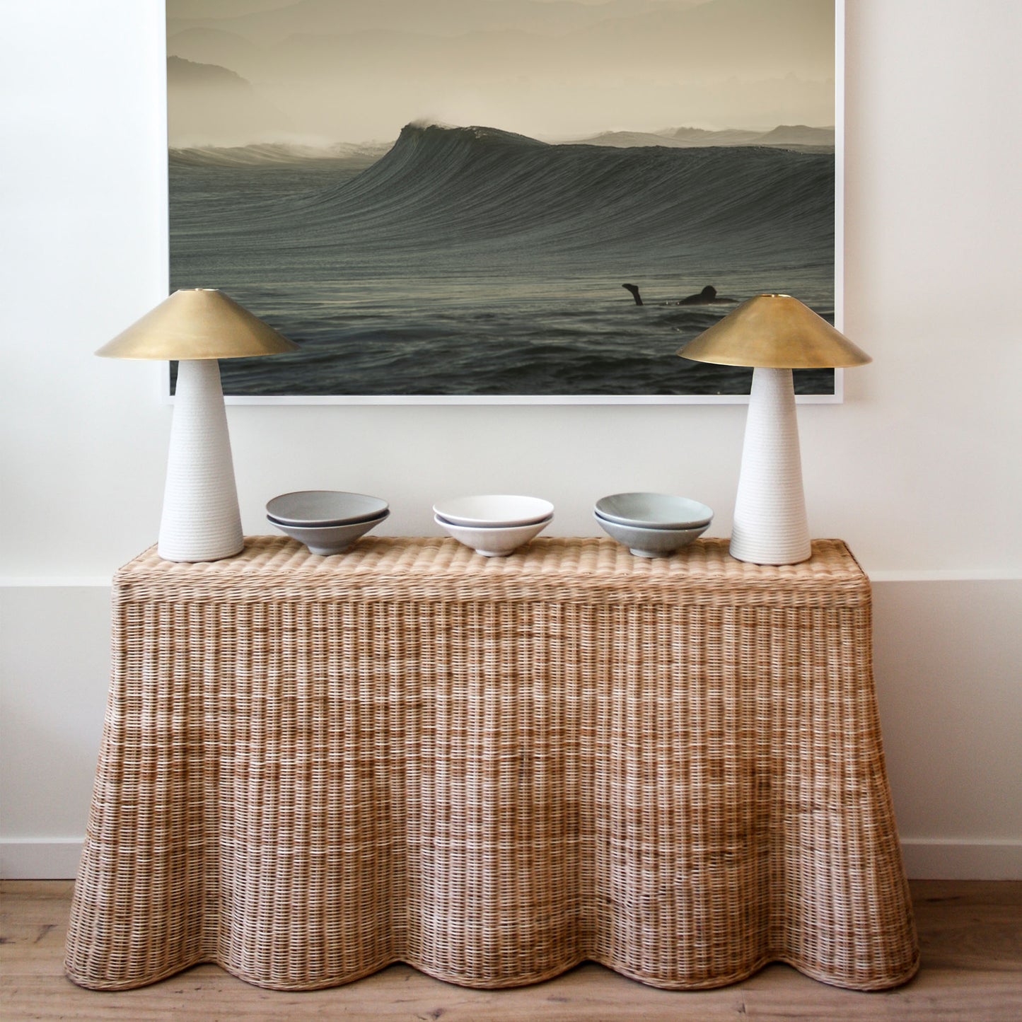 Scallop console handwoven rattan wicker by Mainly Console