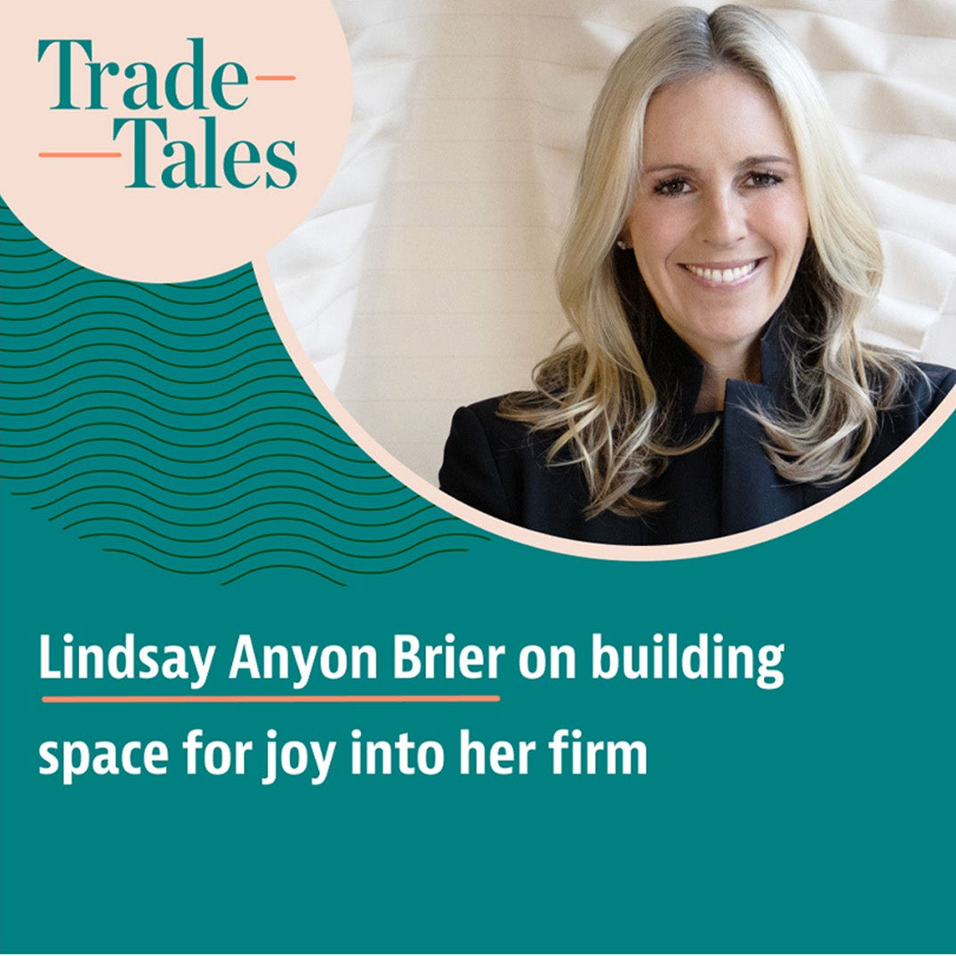 Promotional graphic for 'Trade Tales' featuring Lindsay Anyon Brier with a teal and pink design.