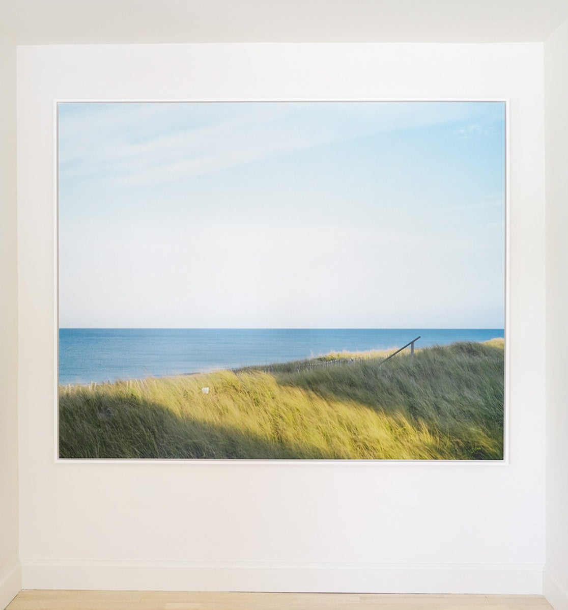 Framed photograph of a coastal landscape with grassy hill and blue sky.