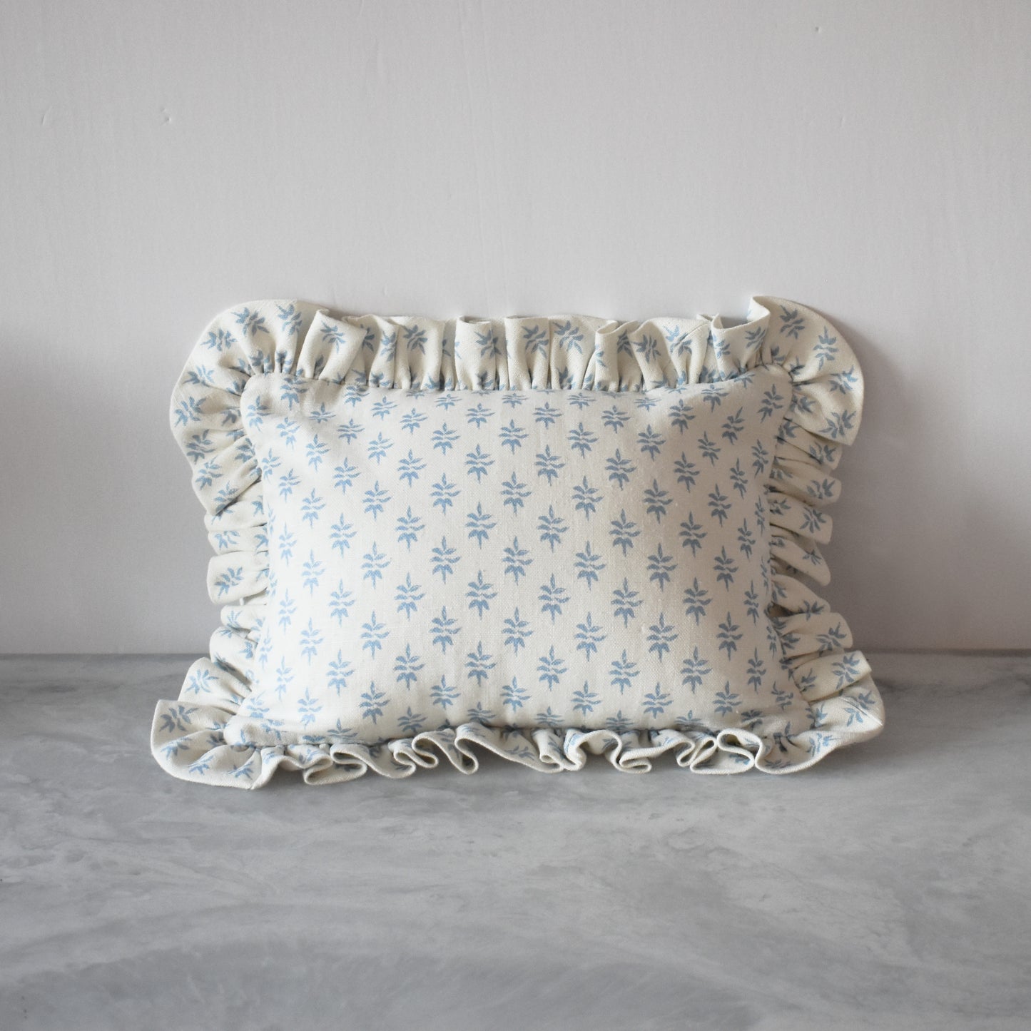 Laurel Leaf Pillow with Ruffle in Blue & Oyster