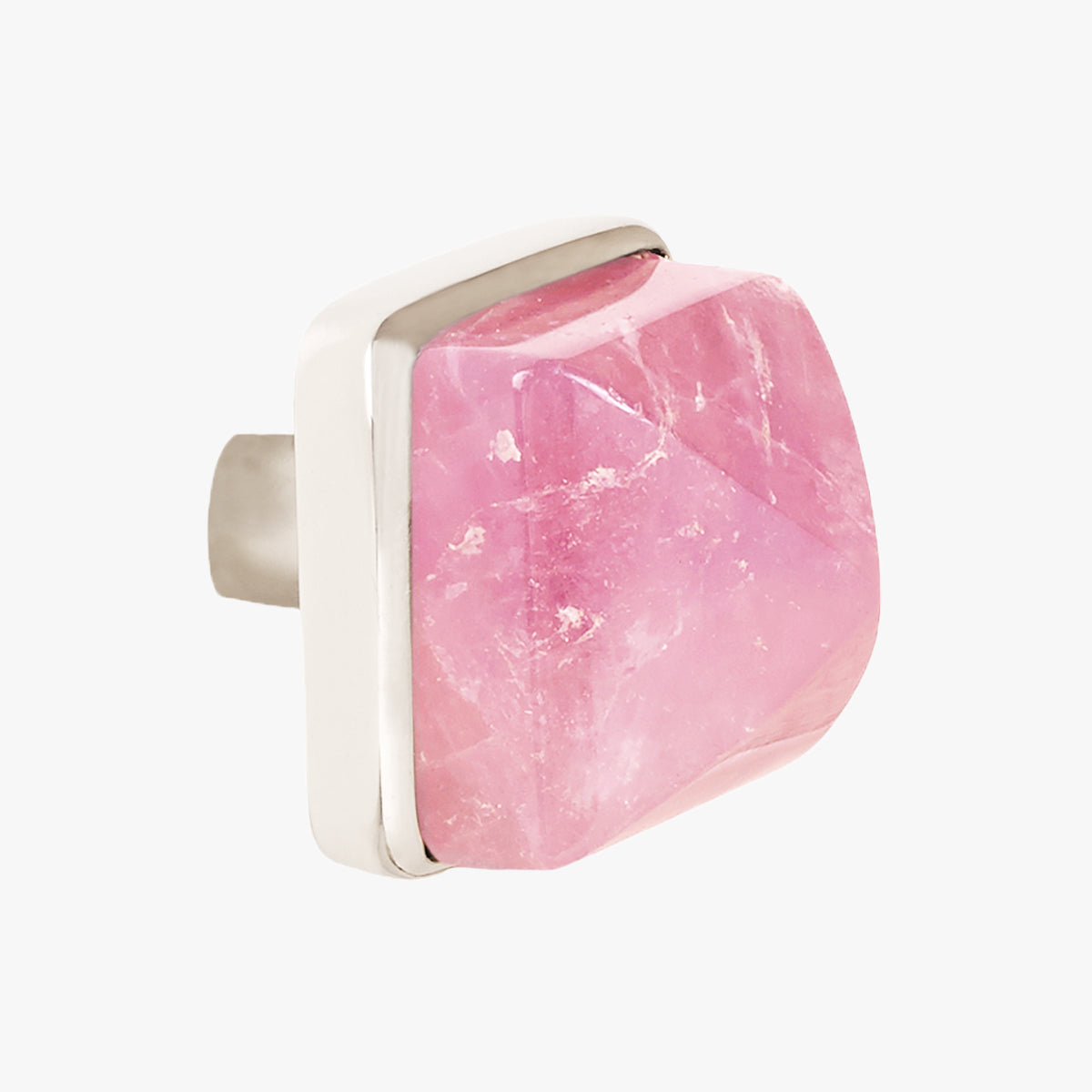 Hayden knob handmade in rose quartz crystal and polished chrome by Matthew Studios