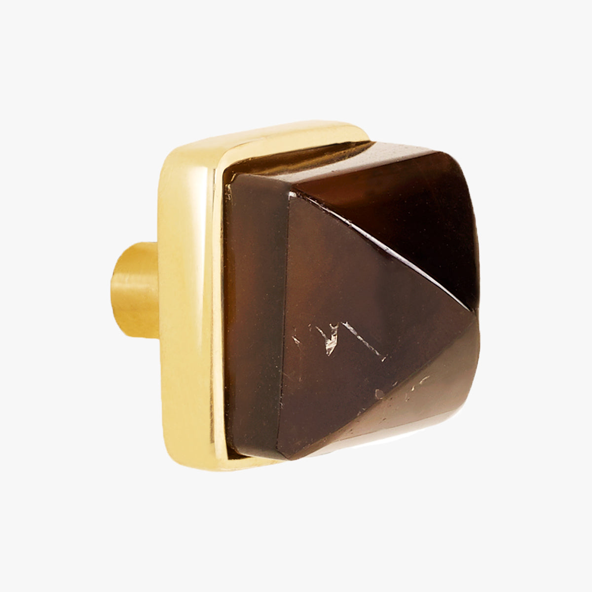 Hayden knob handmade in smokey quartz crystal and polished brass by Matthew Studios