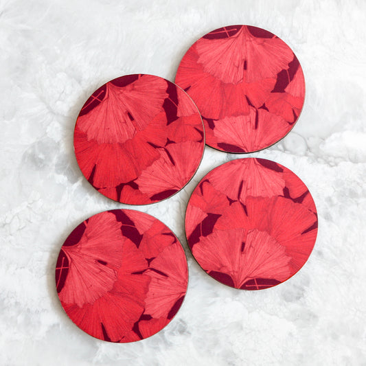 Gingko coasters made of cork and wood in red by Tisch New York