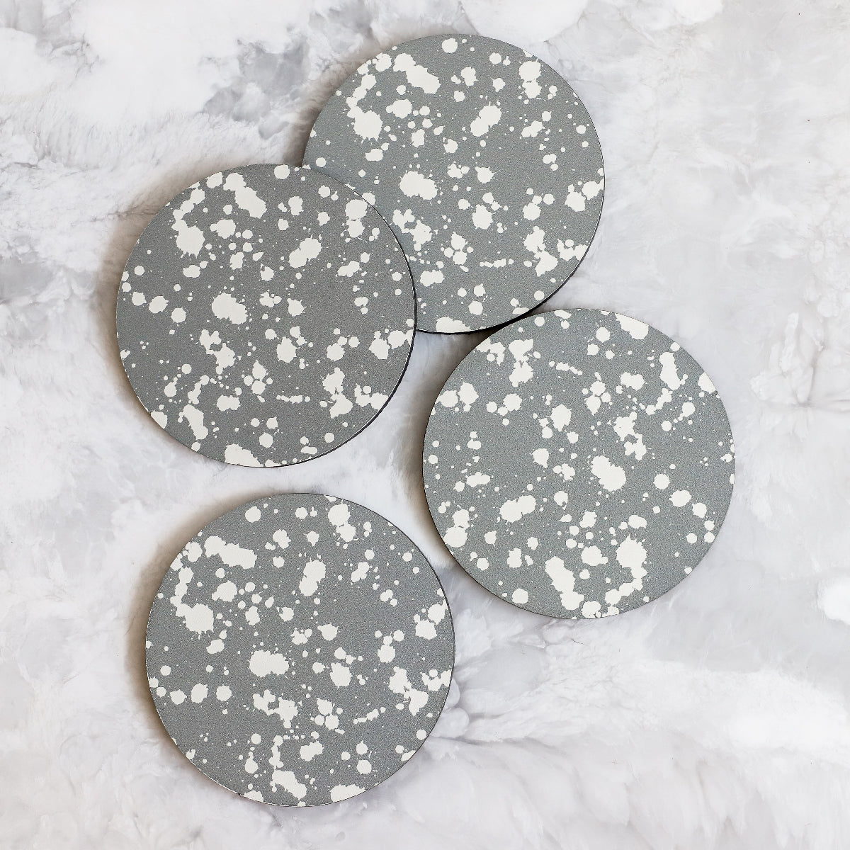 Printed Coasters with Splatter pattern in gray and white made of cork and wood by Tisch New York