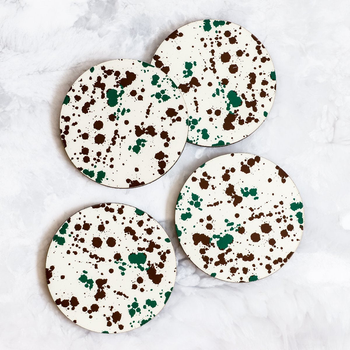 Printed Coasters with Splatter pattern in green and brown made of cork and wood by Tisch New York