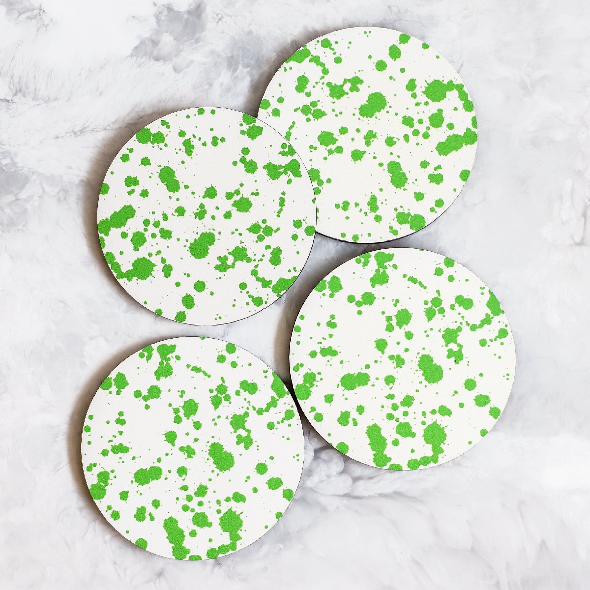Printed Coasters with Splatter pattern in green made of cork and wood by Tisch New York