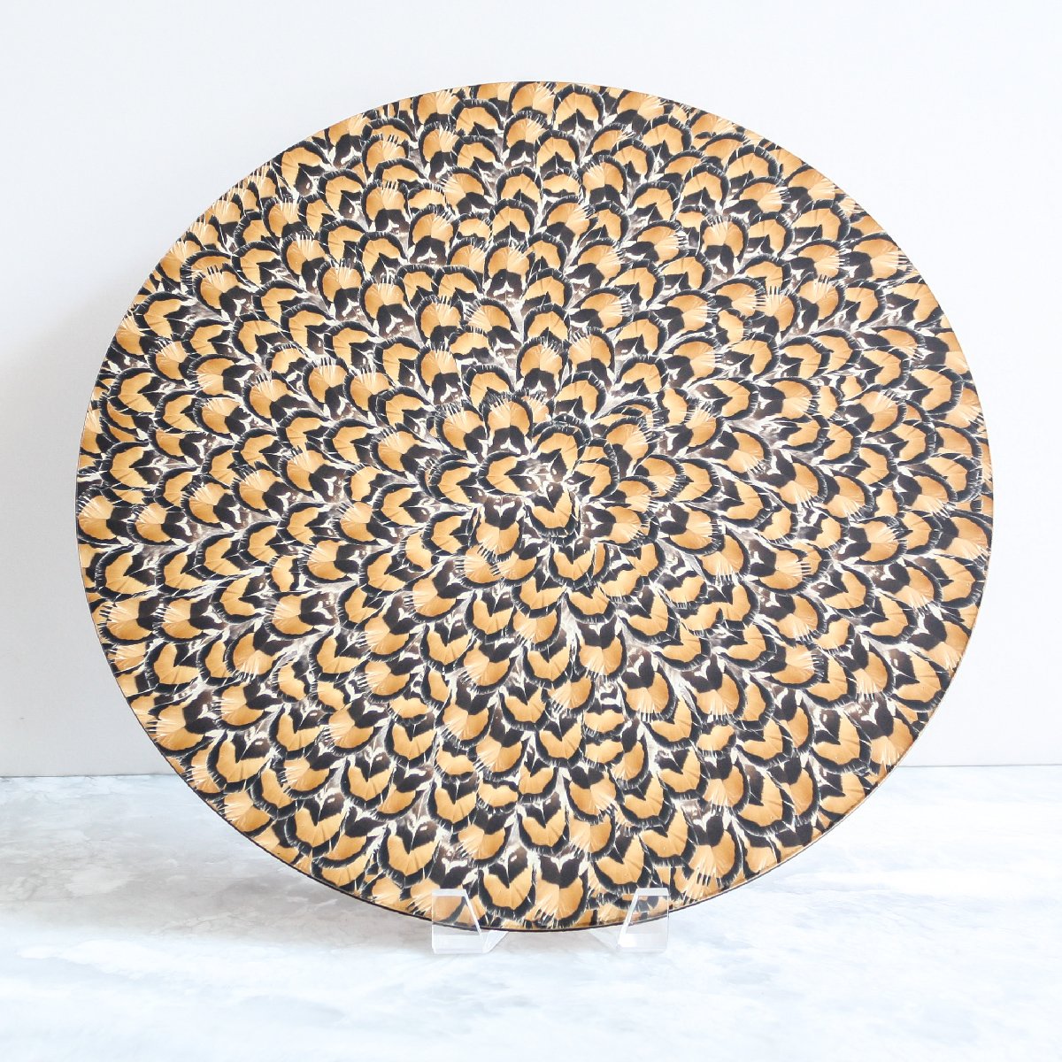 dark reeves pheasant feathers placemat made with cork and wood in blue and green by Tisch New York
